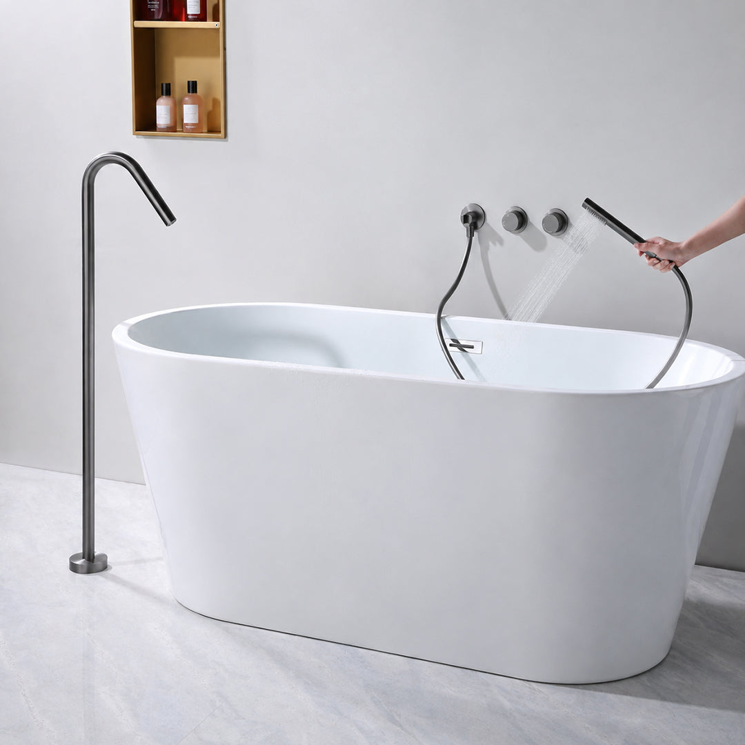 Floor-Mounted Bathtub Faucet with Concealed Controls and Handheld Shower