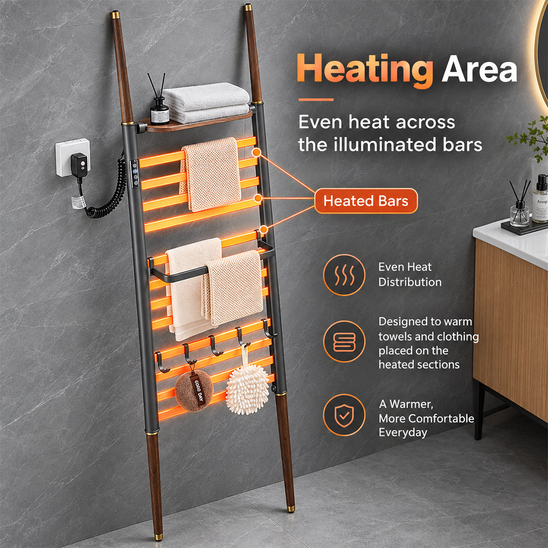 Walnut Wood Ladder Heated Towel Rack with Shelf & Hooks