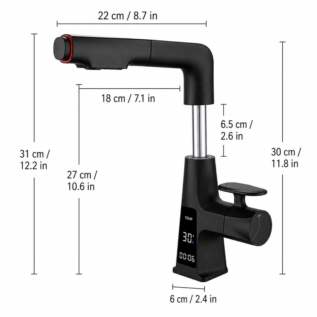 Digital Display Pull-Out Bathroom Sink Faucet with Dual Spray Modes