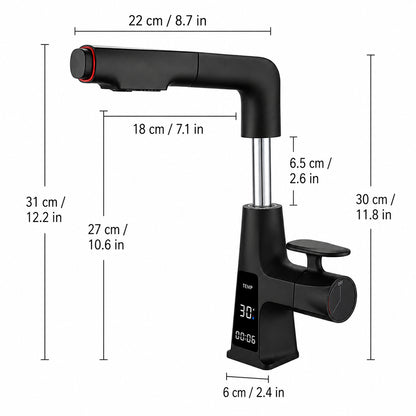 Digital Display Pull-Out Bathroom Sink Faucet with Dual Spray Modes