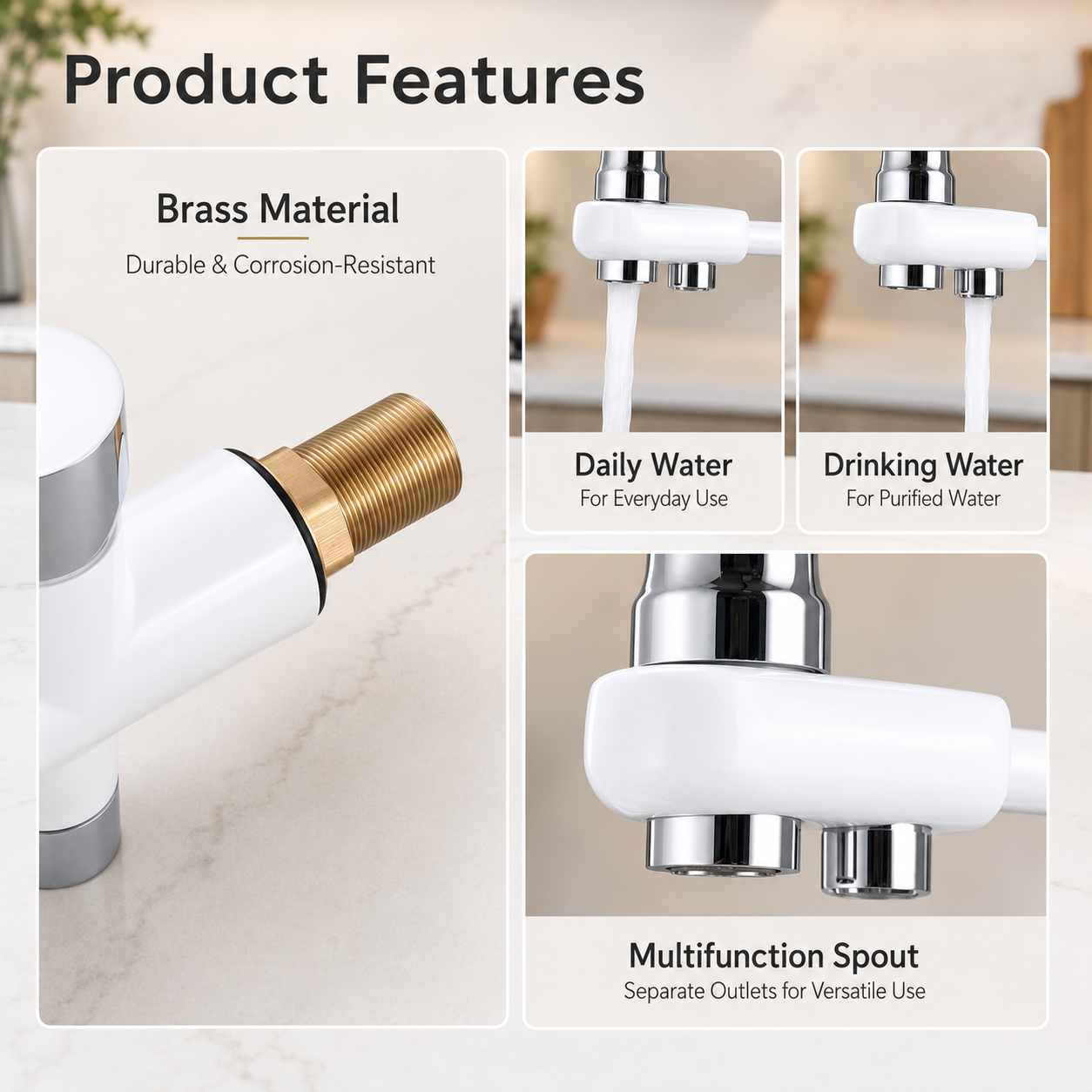 Brass High-Arc 3-Way Kitchen Faucet with Separate Purified Water Outlet