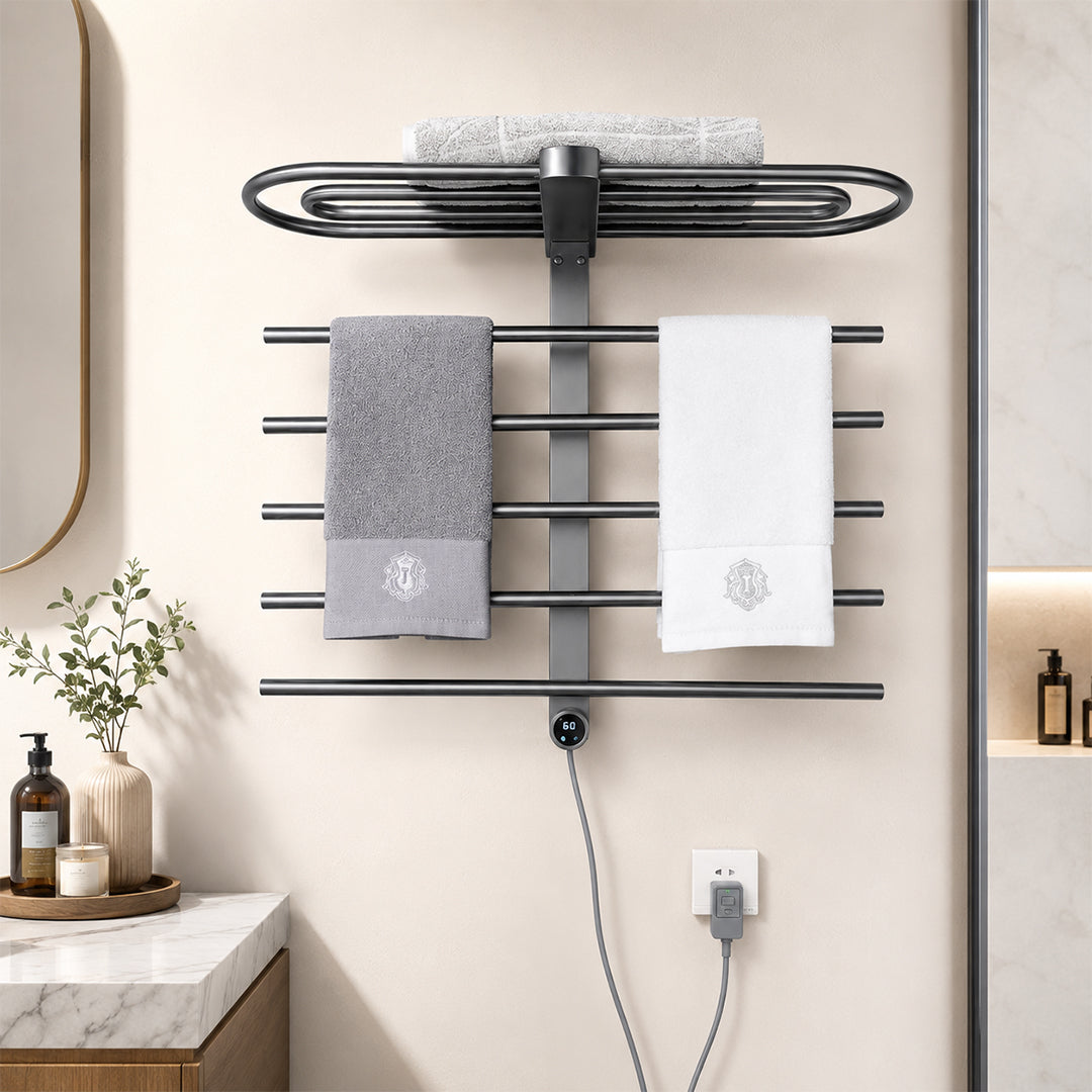 Wall-Mounted Heated Towel Rack with Storage Shelf & Digital Control