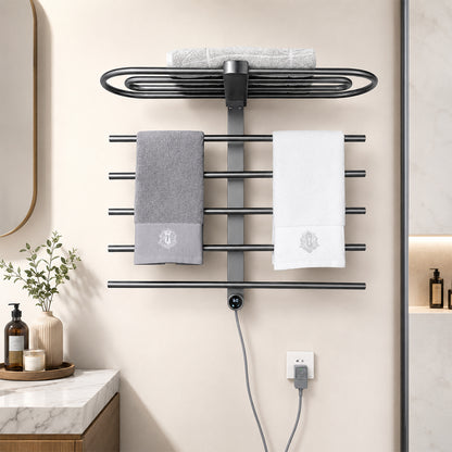 Wall-Mounted Heated Towel Rack with Storage Shelf & Digital Control