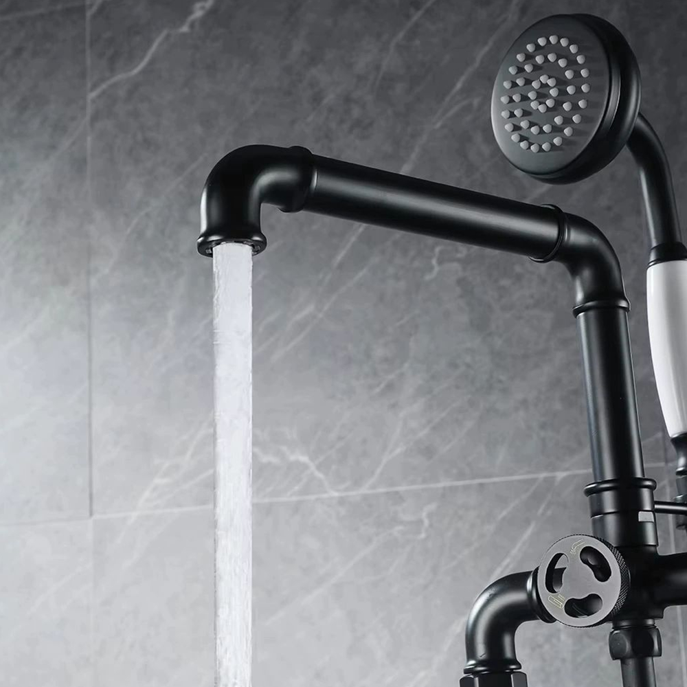 Double Handle Matte Black Freestanding Bathtub Faucet with Hand Shower