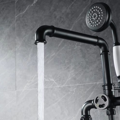 Double Handle Matte Black Freestanding Bathtub Faucet with Hand Shower