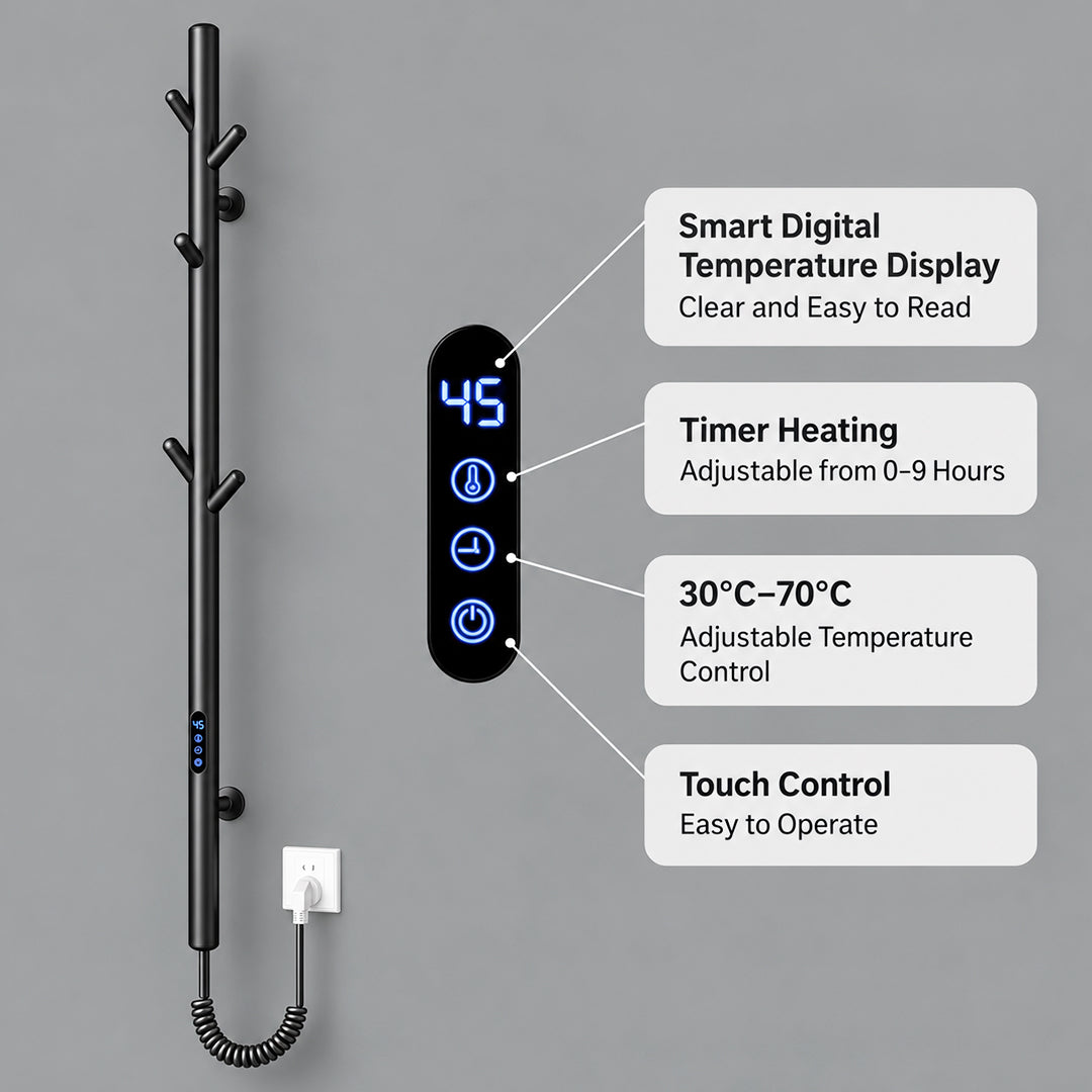 Electric Heated Towel Rack with Hooks, Wall-Mounted Towel Warmer with Touch Control