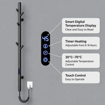 Electric Heated Towel Rack with Hooks, Wall-Mounted Towel Warmer with Touch Control
