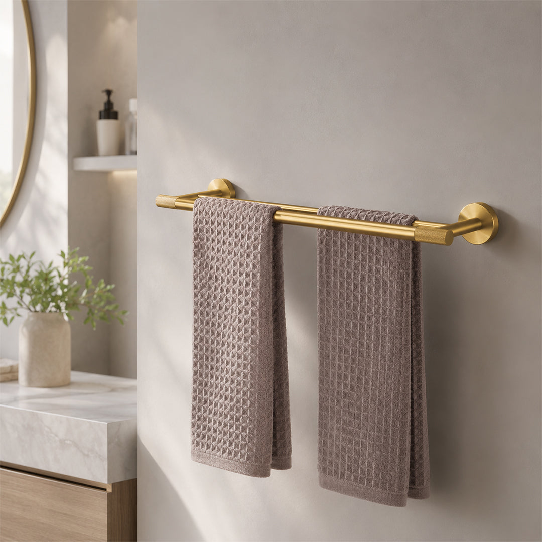 Brushed Gold Wall-Mounted Bathroom Hardware Set with Towel Bars, Shelf & Accessories