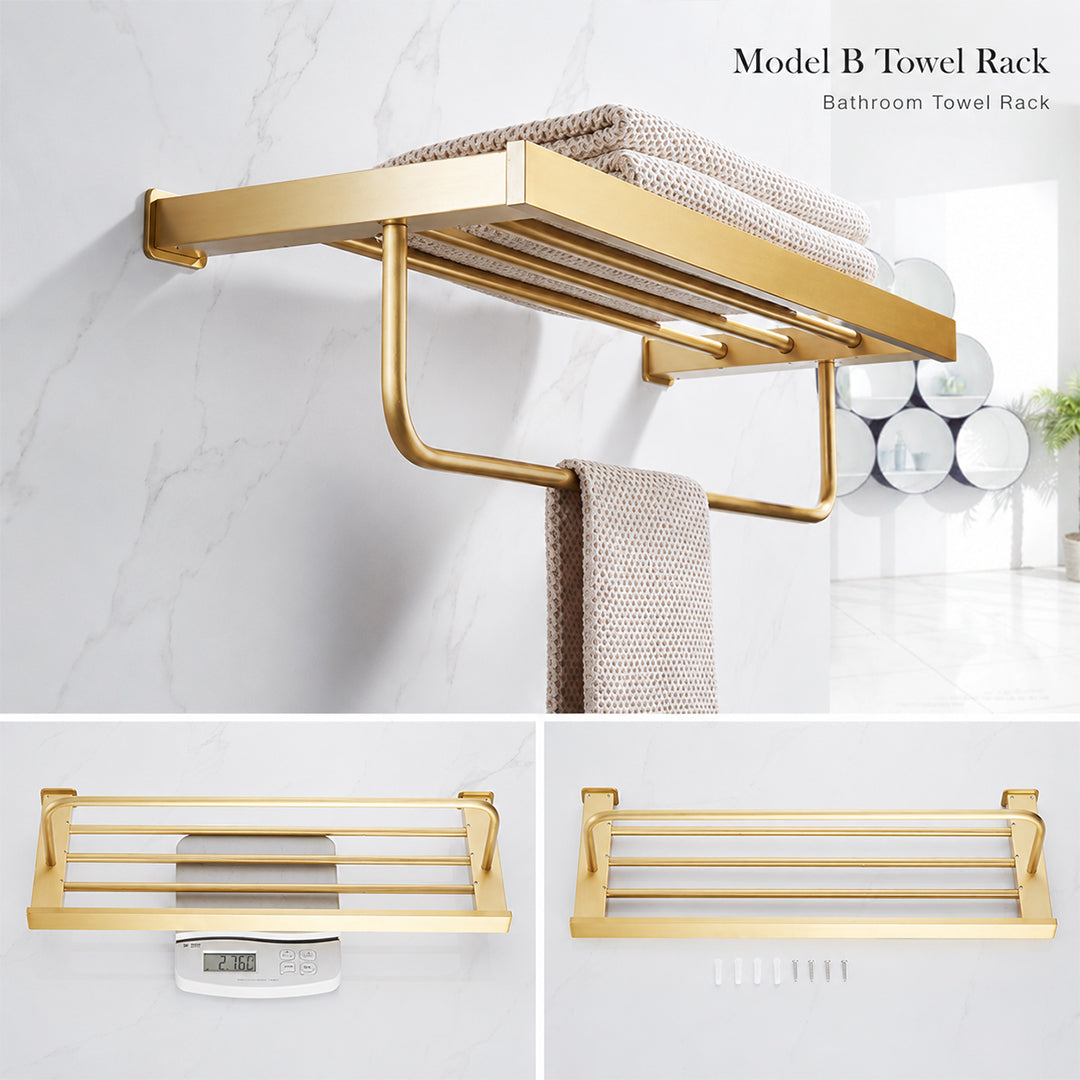 Wall Mounted Bruhsed Gold Bathroom Hardware Set with Towel Rack, Hooks & Toilet Paper Holder