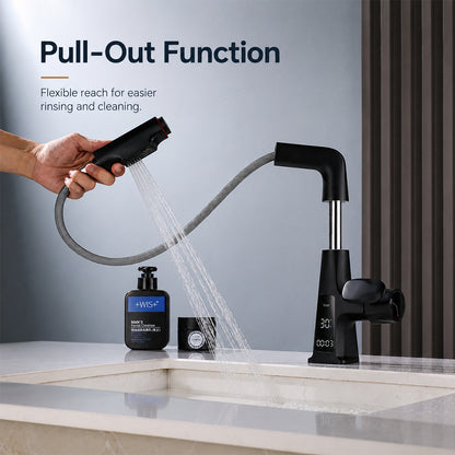 Digital Display Pull-Out Bathroom Sink Faucet with Dual Spray Modes