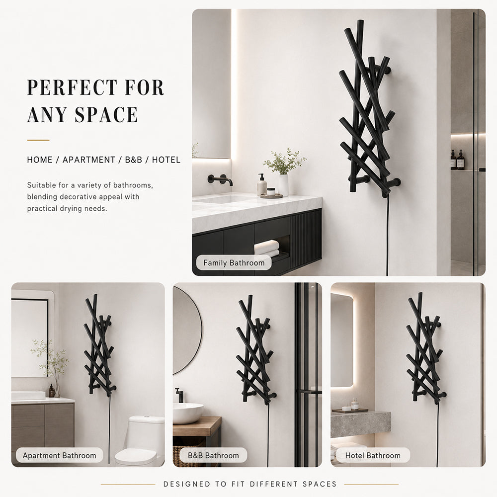 Modern Branch-Style Electric Heated Towel Rack – Matte Black