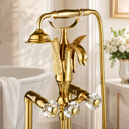 Luxury Swan Freestanding Bathtub Faucet with Handheld Shower  Polished Gold Finish