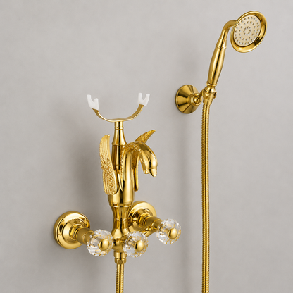 Gold Wall Mount Bathtub Faucet with Handheld Shower, Vintage Brass Tub Filler Mixer with Crystal Knobs