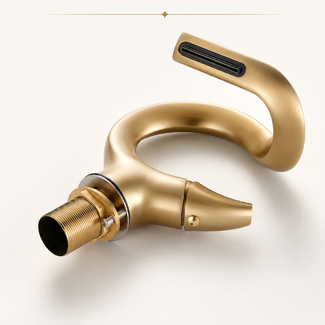 Brass Waterfall Bathroom Sink Faucet with Sculptural Design