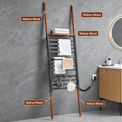 Walnut Wood Ladder Heated Towel Rack with Shelf & Hooks