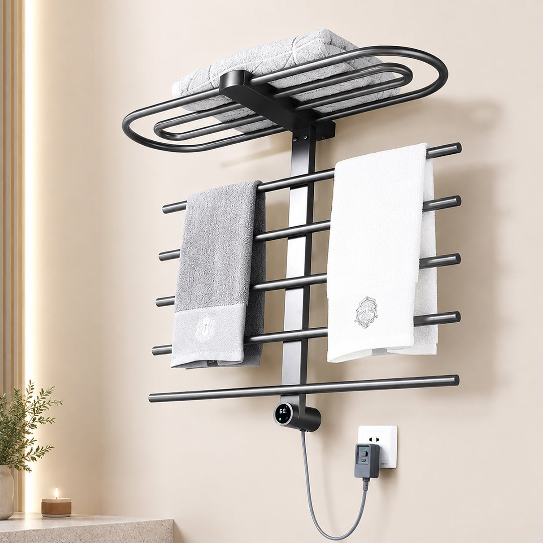 Wall-Mounted Heated Towel Rack with Storage Shelf & Digital Control