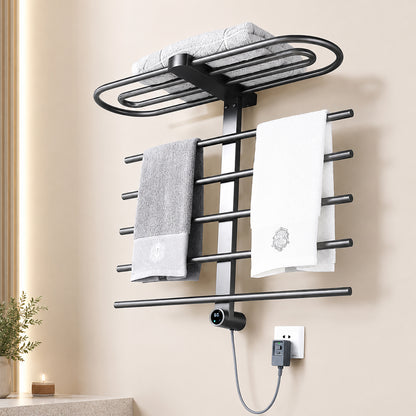 Wall-Mounted Heated Towel Rack with Storage Shelf & Digital Control