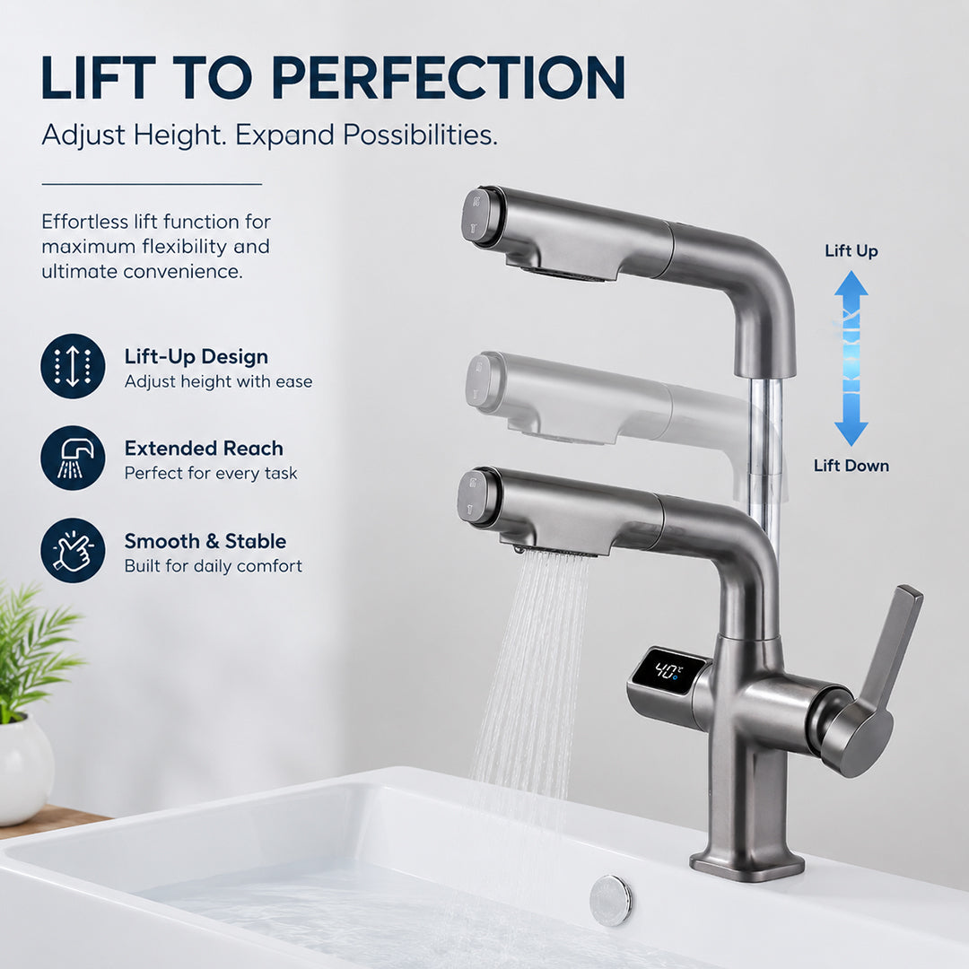 Digital Temperature Display Pull-Out Bathroom Faucet with Handheld Sprayer