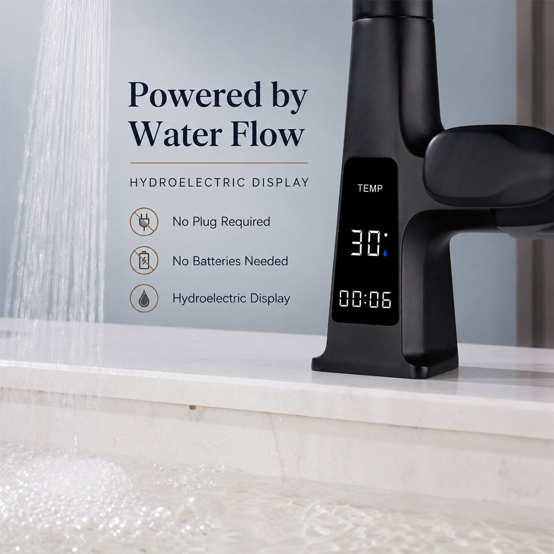 Digital Display Pull-Out Bathroom Sink Faucet with Dual Spray Modes