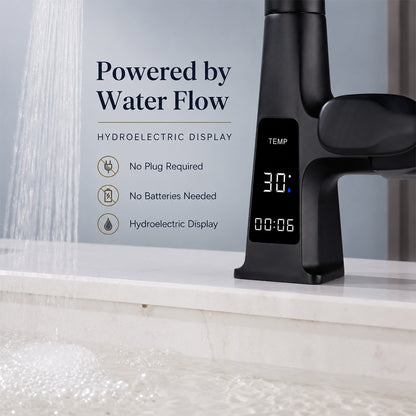 Digital Display Pull-Out Bathroom Sink Faucet with Dual Spray Modes