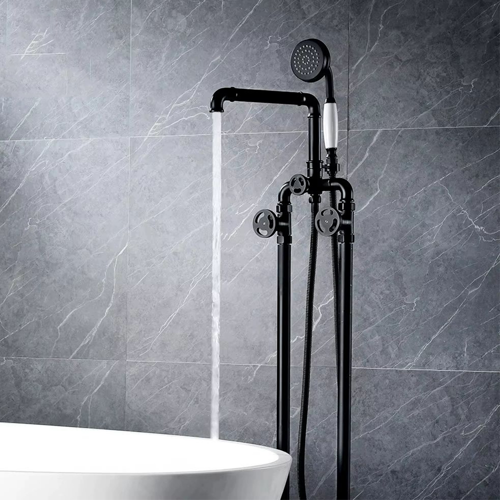 Double Handle Matte Black Freestanding Bathtub Faucet with Hand Shower