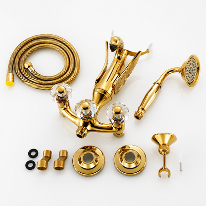 Gold Wall Mount Bathtub Faucet with Handheld Shower, Vintage Brass Tub Filler Mixer with Crystal Knobs