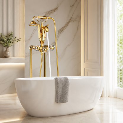 Luxury Swan Freestanding Bathtub Faucet with Handheld Shower  Polished Gold Finish