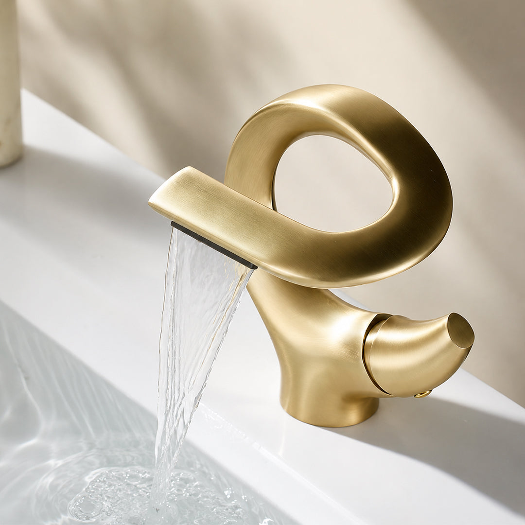Brass Waterfall Bathroom Sink Faucet with Sculptural Design