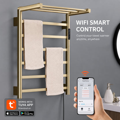 Stainless Steel Foldable Heated Towel Rack with Top Shelf, Timer & Temperature Control
