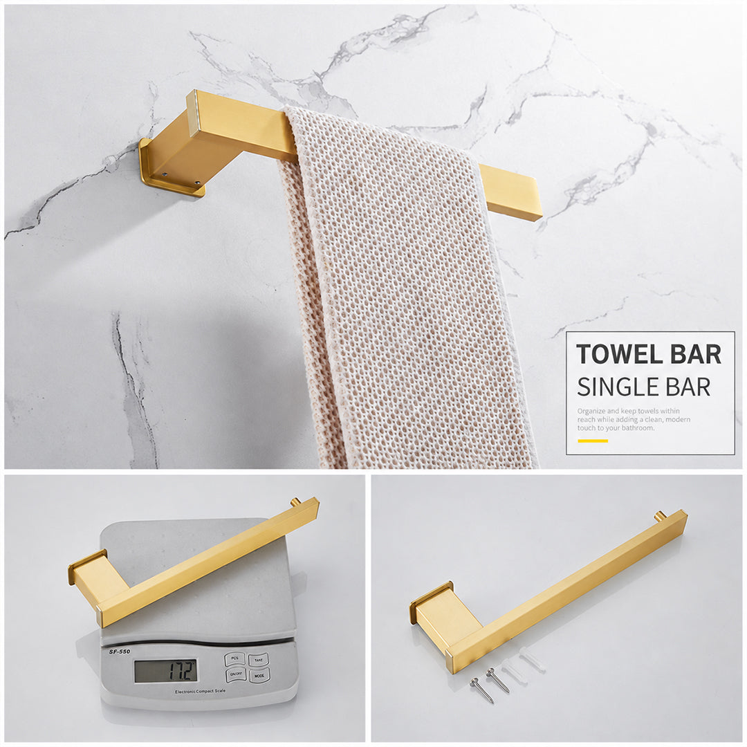 Wall Mounted Bruhsed Gold Bathroom Hardware Set with Towel Rack, Hooks & Toilet Paper Holder