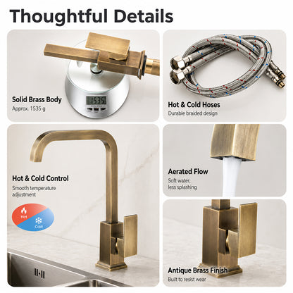 Antique Brass Kitchen Faucet Single Handle Hot and Cold Mixer Tap for Sink