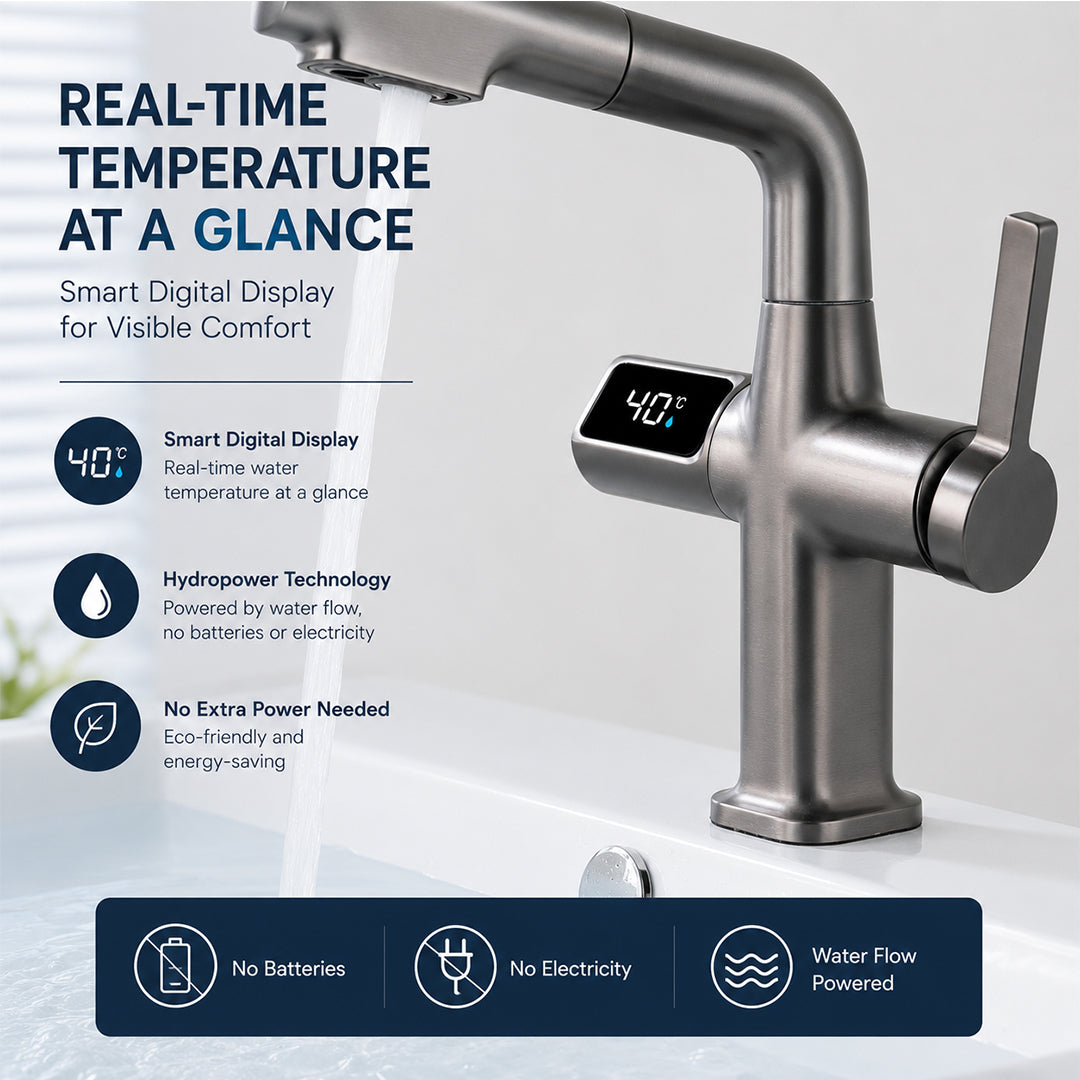 Digital Temperature Display Pull-Out Bathroom Faucet with Handheld Sprayer