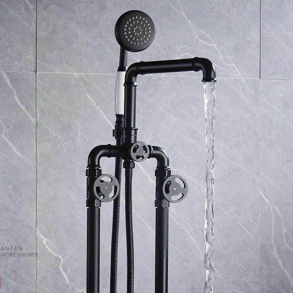 Double Handle Matte Black Freestanding Bathtub Faucet with Hand Shower