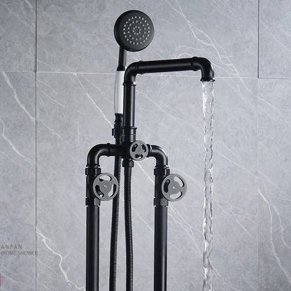 Double Handle Matte Black Freestanding Bathtub Faucet with Hand Shower