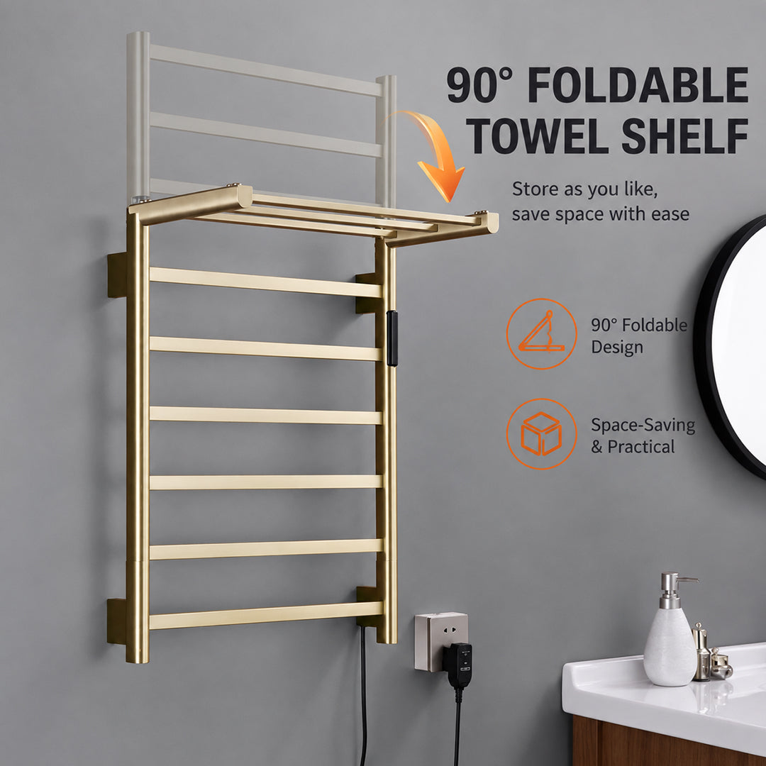 Stainless Steel Foldable Heated Towel Rack with Top Shelf, Timer & Temperature Control