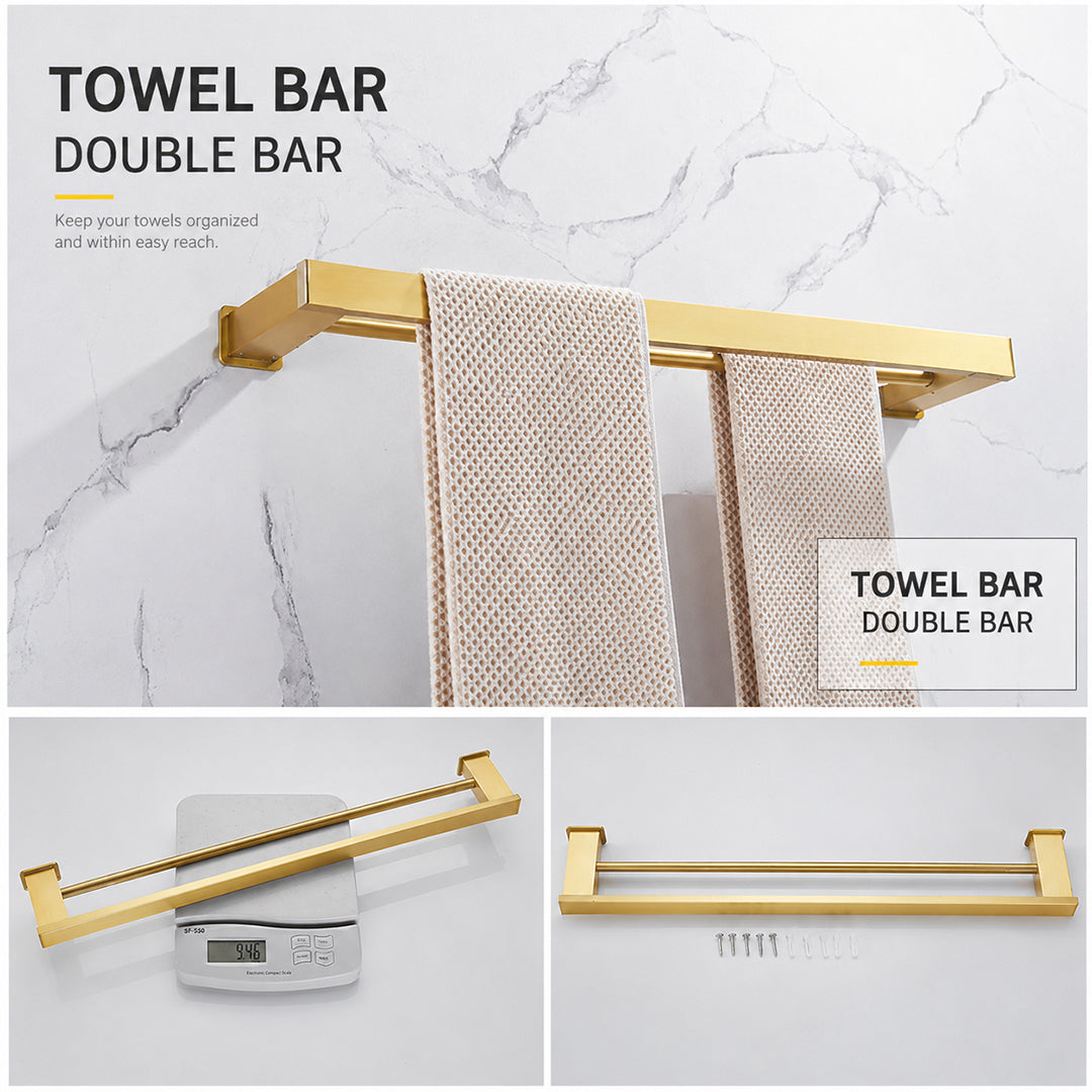 Wall Mounted Bruhsed Gold Bathroom Hardware Set with Towel Rack, Hooks & Toilet Paper Holder