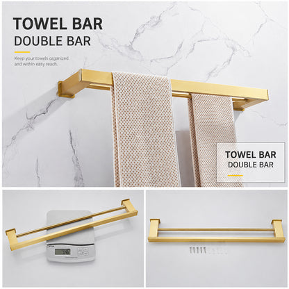 Wall Mounted Bruhsed Gold Bathroom Hardware Set with Towel Rack, Hooks & Toilet Paper Holder