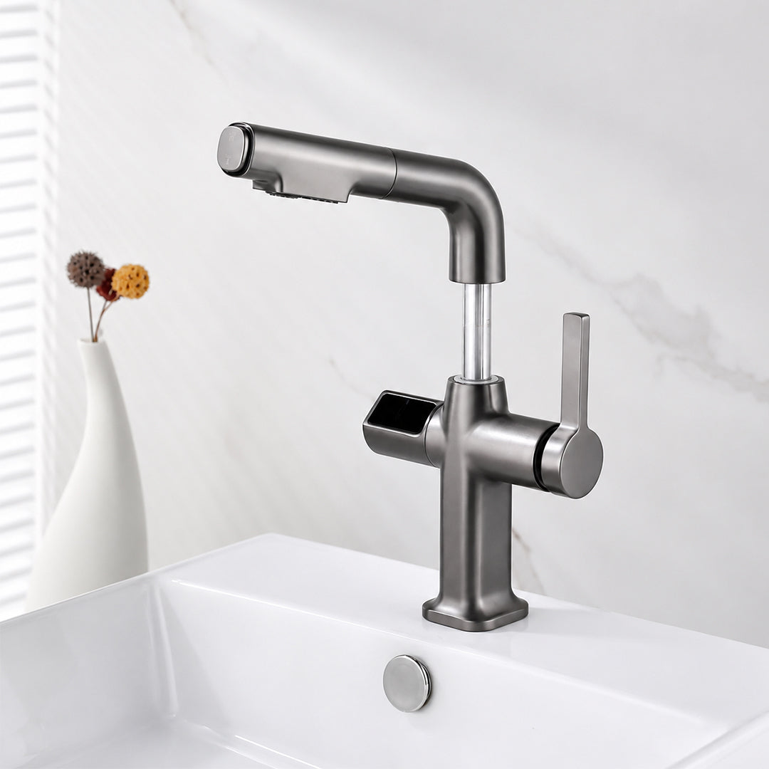 Digital Temperature Display Pull-Out Bathroom Faucet with Handheld Sprayer