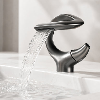 Brass Waterfall Bathroom Sink Faucet with Sculptural Design
