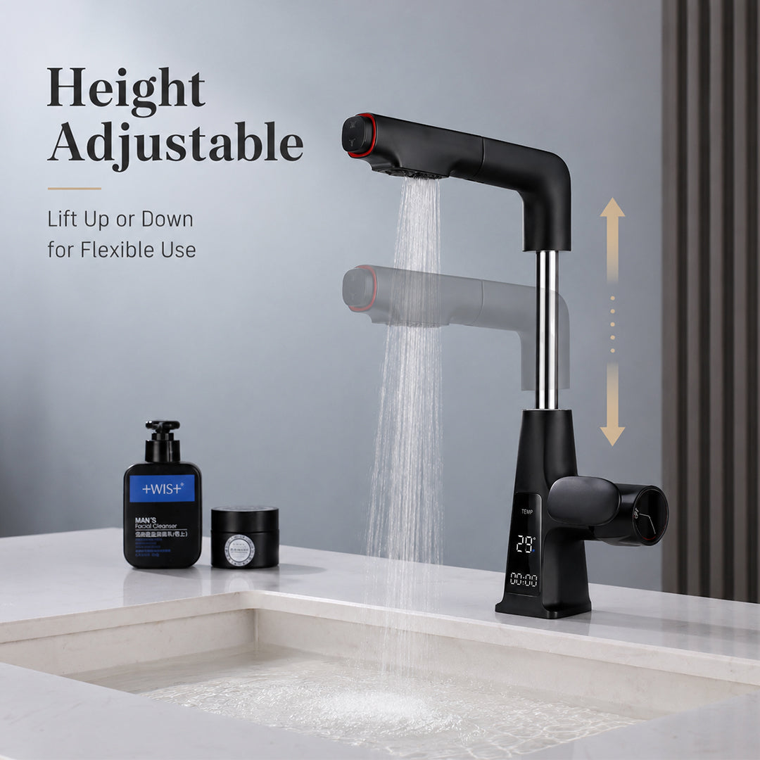 Digital Display Pull-Out Bathroom Sink Faucet with Dual Spray Modes