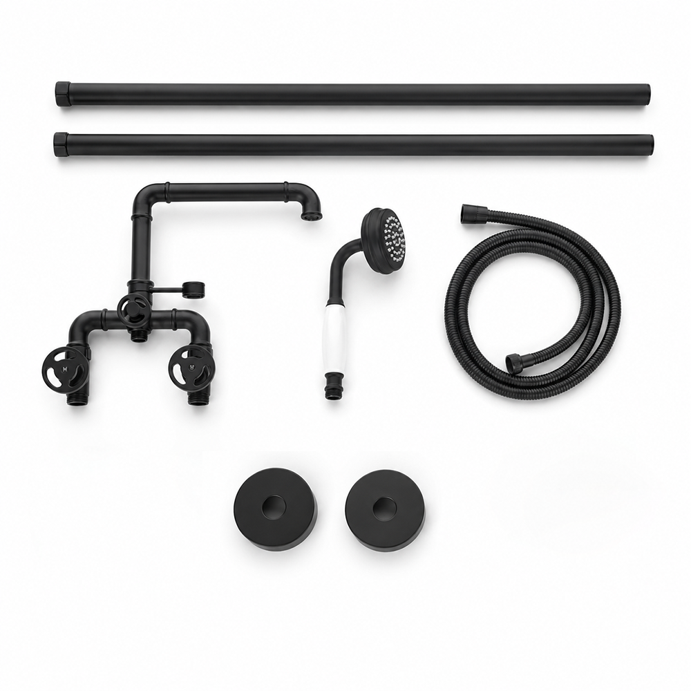 Double Handle Matte Black Freestanding Bathtub Faucet with Hand Shower