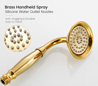 Gold Wall Mount Bathtub Faucet with Handheld Shower, Vintage Brass Tub Filler Mixer with Crystal Knobs