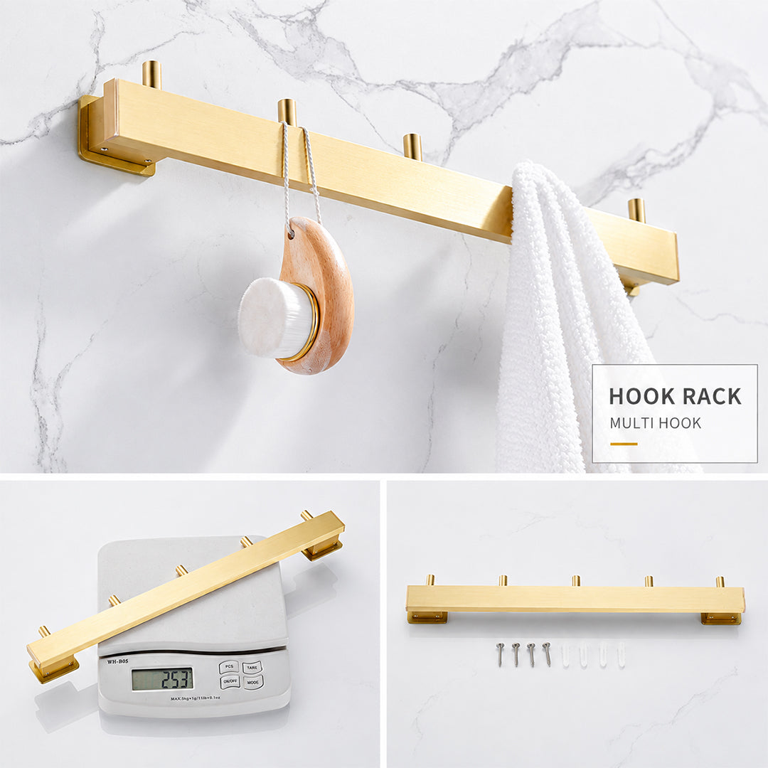 Wall Mounted Bruhsed Gold Bathroom Hardware Set with Towel Rack, Hooks & Toilet Paper Holder
