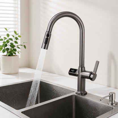 Digital Display Pull-Out Kitchen Faucet with 3 Spray Modes