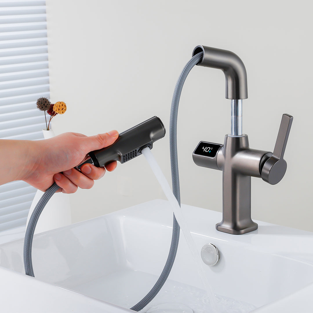 Digital Temperature Display Pull-Out Bathroom Faucet with Handheld Sprayer