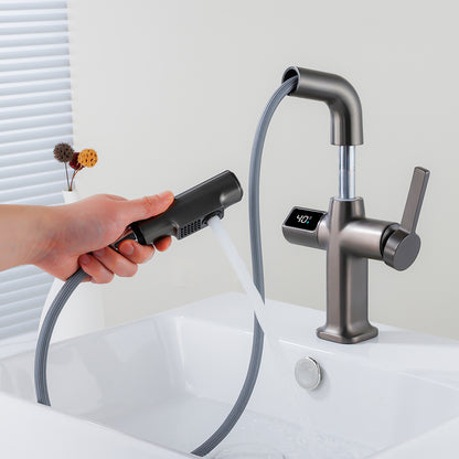 Digital Temperature Display Pull-Out Bathroom Faucet with Handheld Sprayer