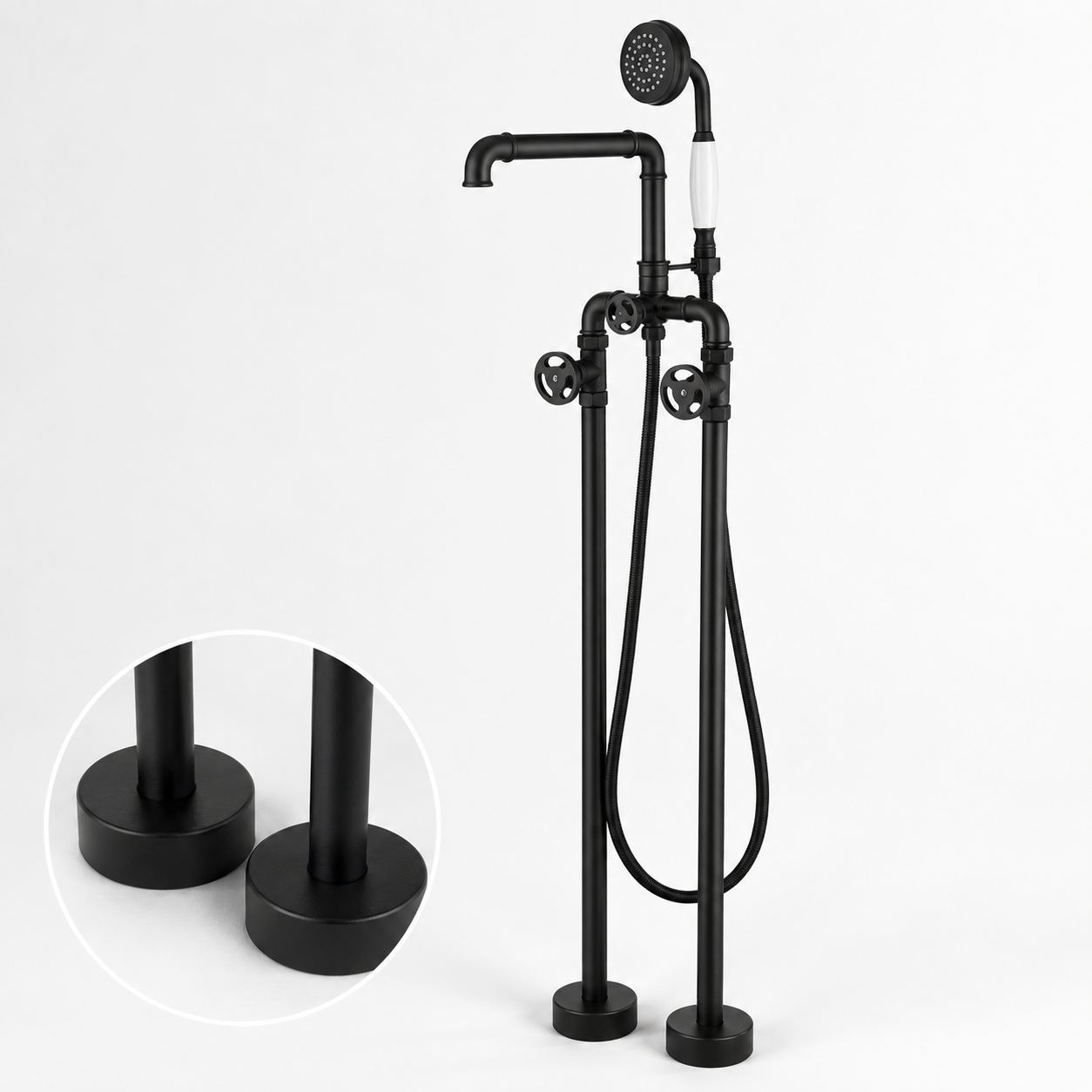 Double Handle Matte Black Freestanding Bathtub Faucet with Hand Shower