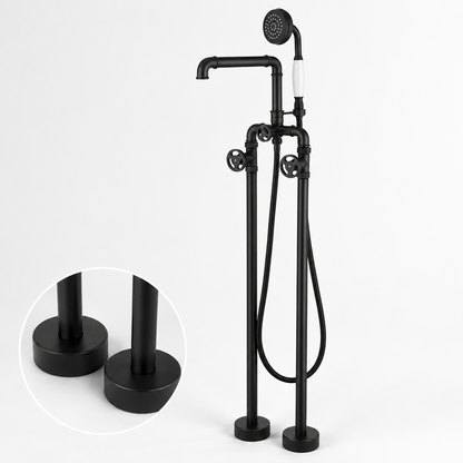 Double Handle Matte Black Freestanding Bathtub Faucet with Hand Shower