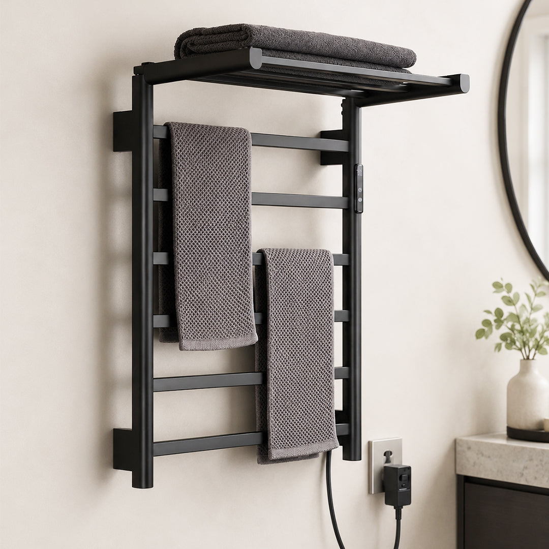 Stainless Steel Foldable Heated Towel Rack with Top Shelf, Timer & Temperature Control