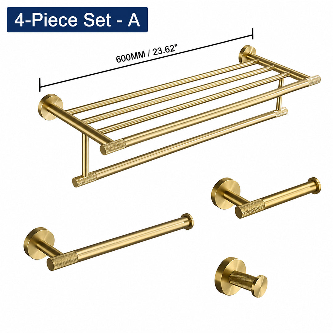 Brushed Gold Wall-Mounted Bathroom Hardware Set with Towel Bars, Shelf & Accessories